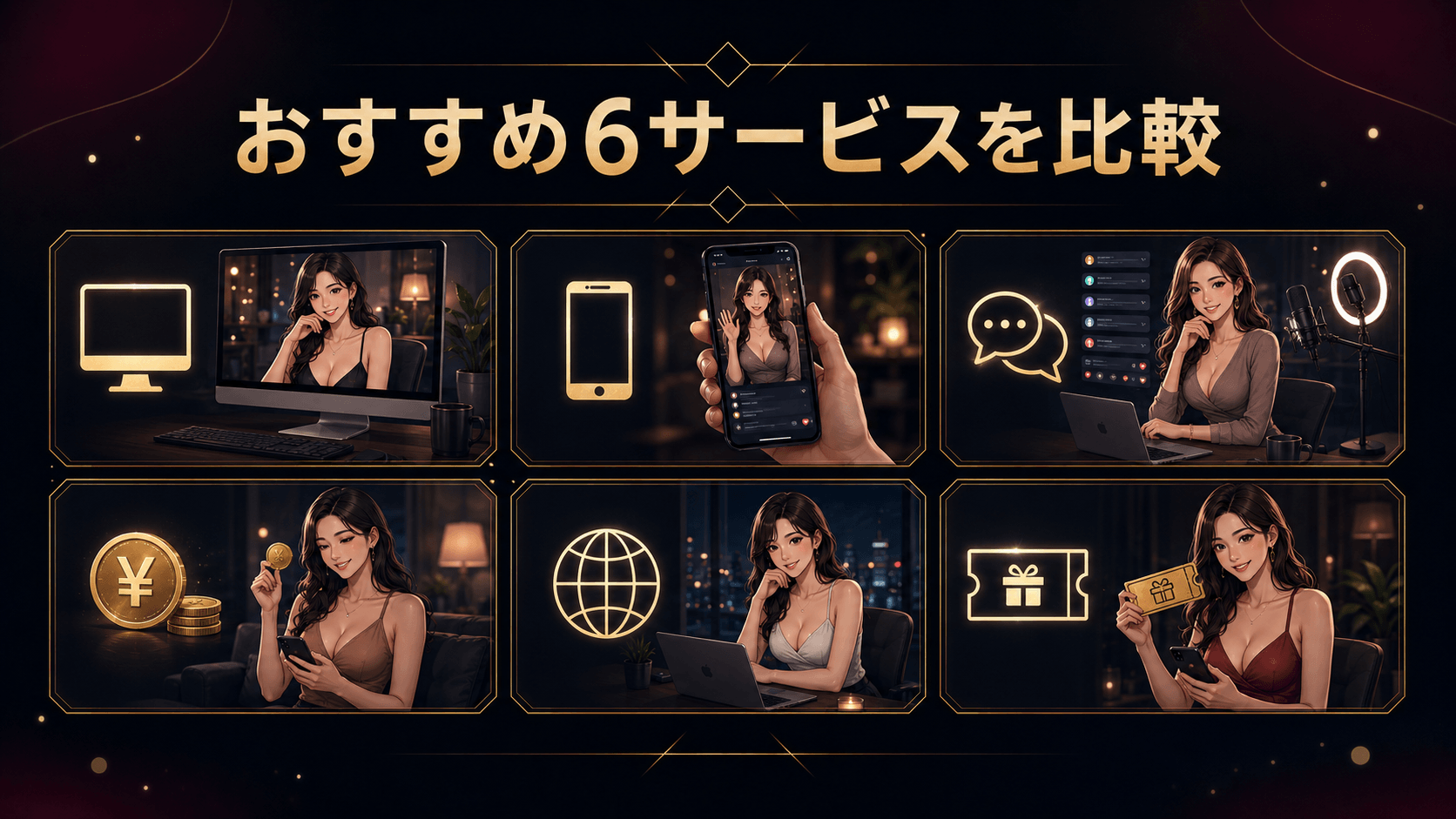 アダルトライブチャット6サービスを対応端末・料金・運営地域・無料特典で比較するイメージ