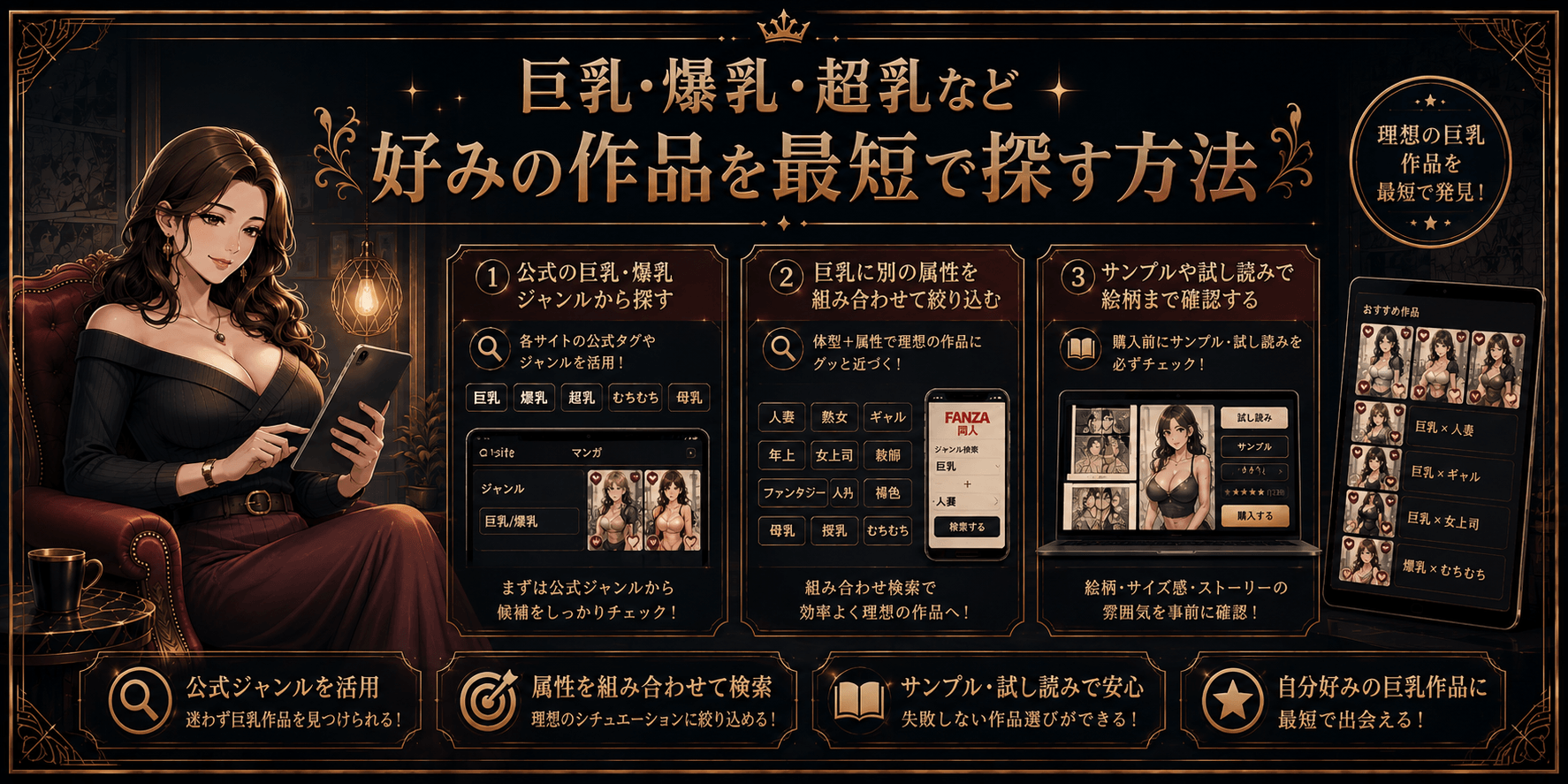 巨乳・爆乳・超乳など好みの漫画を効率よく探す方法を解説したイメージ
