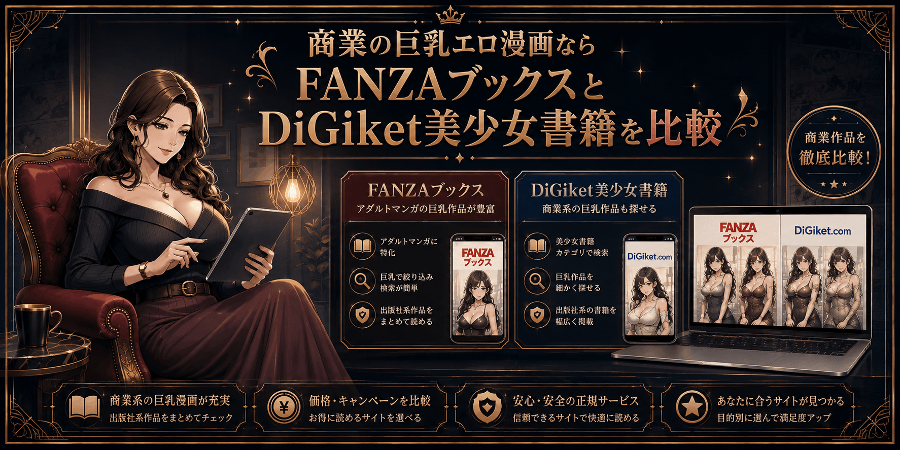 商業の巨乳エロ漫画を探せるFANZAブックスとDiGiket美少女書籍を比較したイメージ