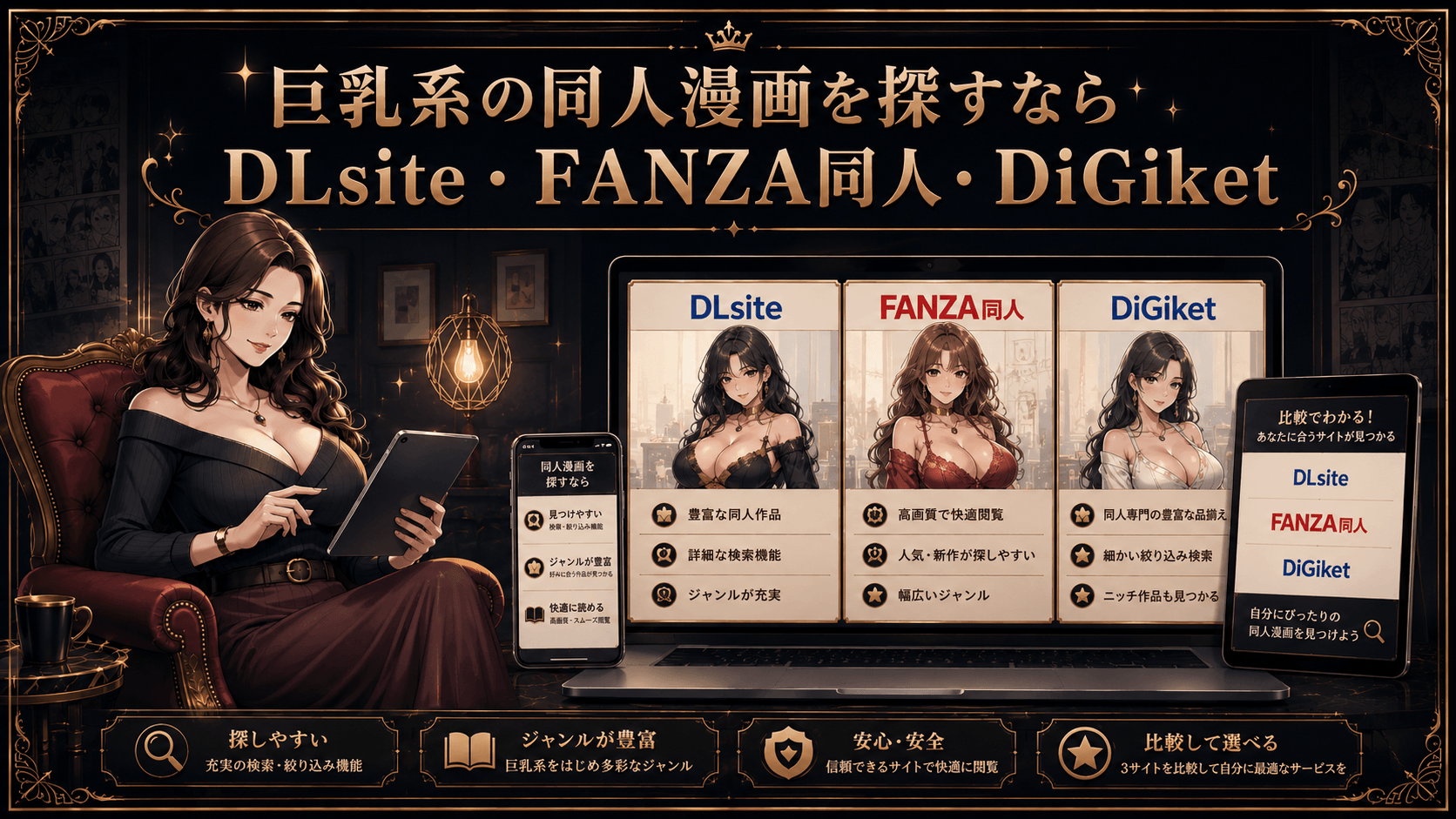 巨乳系の同人漫画を探せるDLsite・FANZA同人・DiGiketを比較したイメージ