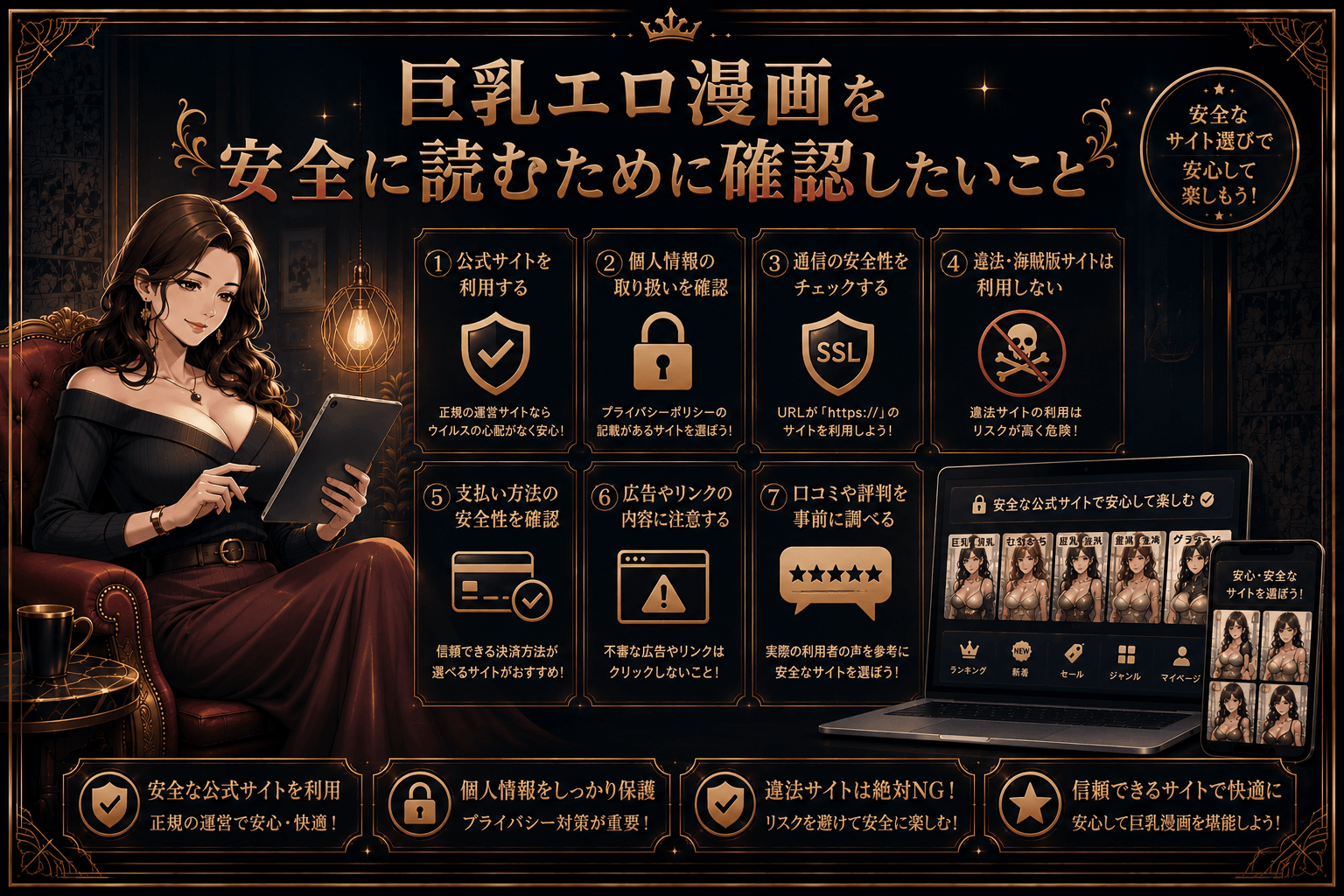 巨乳エロ漫画を正規サイトで安全に読むための確認ポイントを解説したイメージ