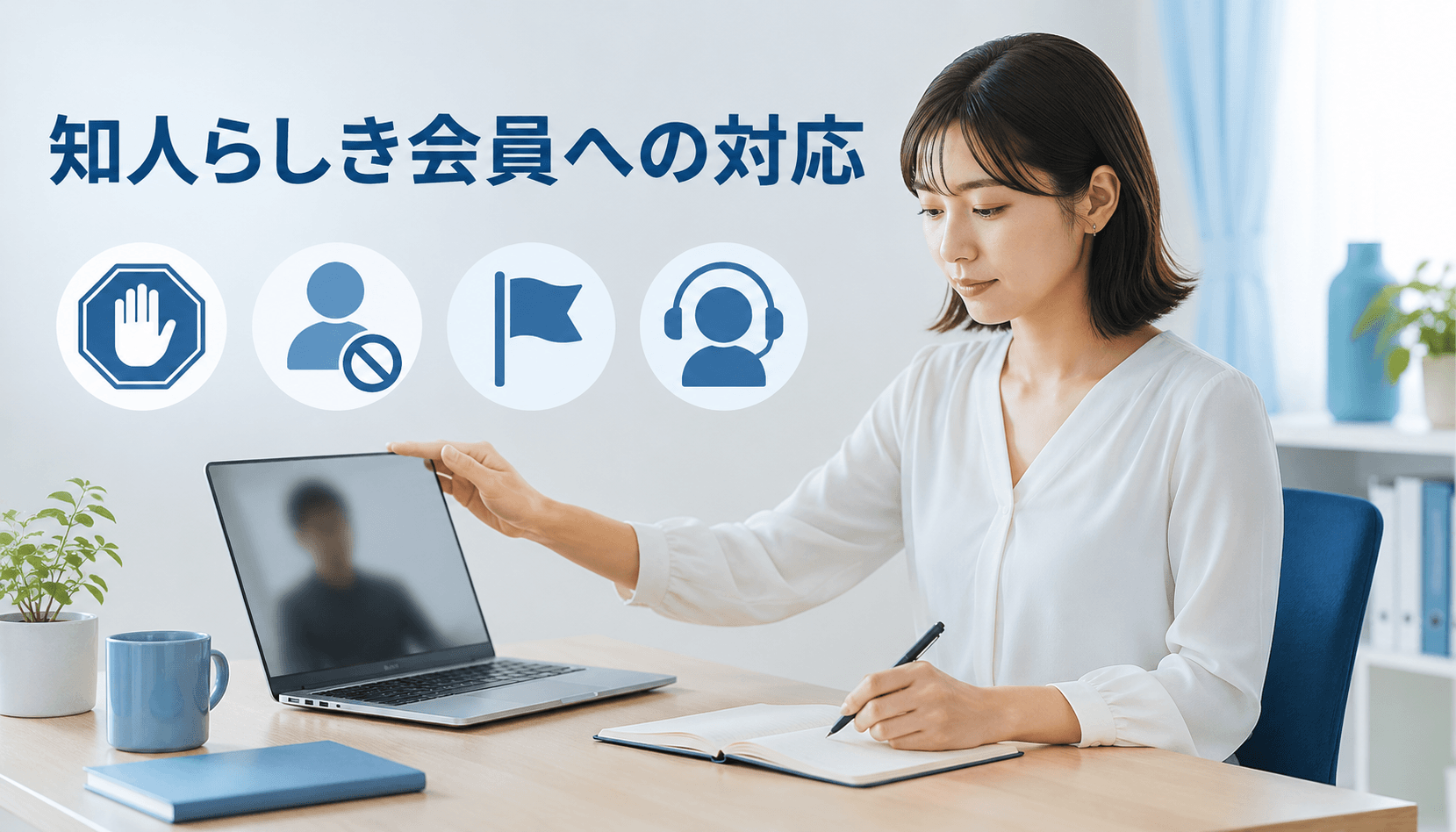 知人らしき男性会員とのチャットを終了して記録を残す女性