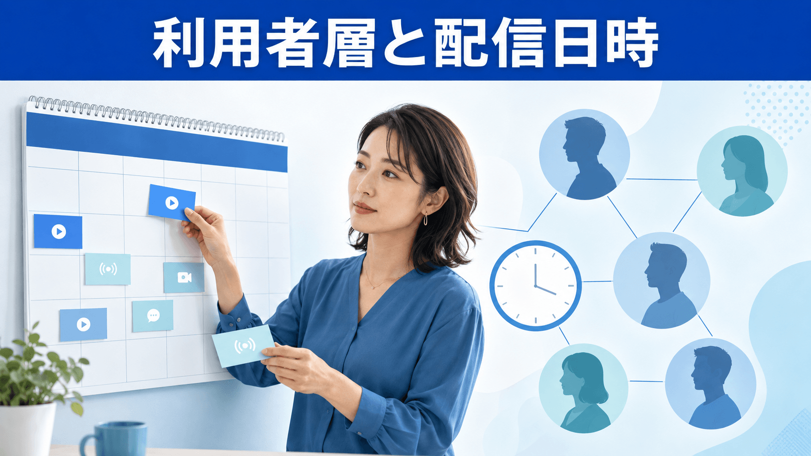 利用者層と配信日時をカレンダーで確認する成人女性