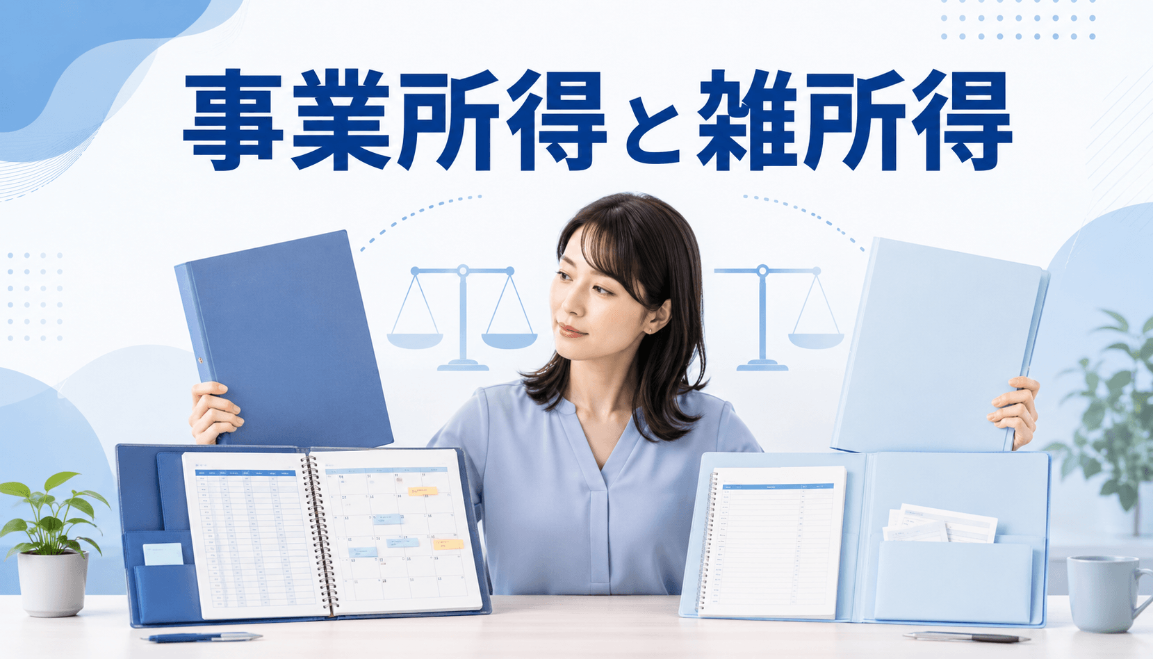事業所得と雑所得の記録を比較して所得区分を検討する女性