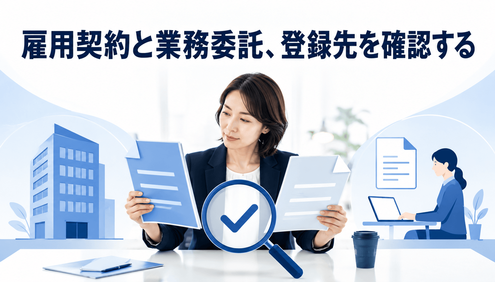 雇用契約と業務委託の契約書や登録先を比較する女性