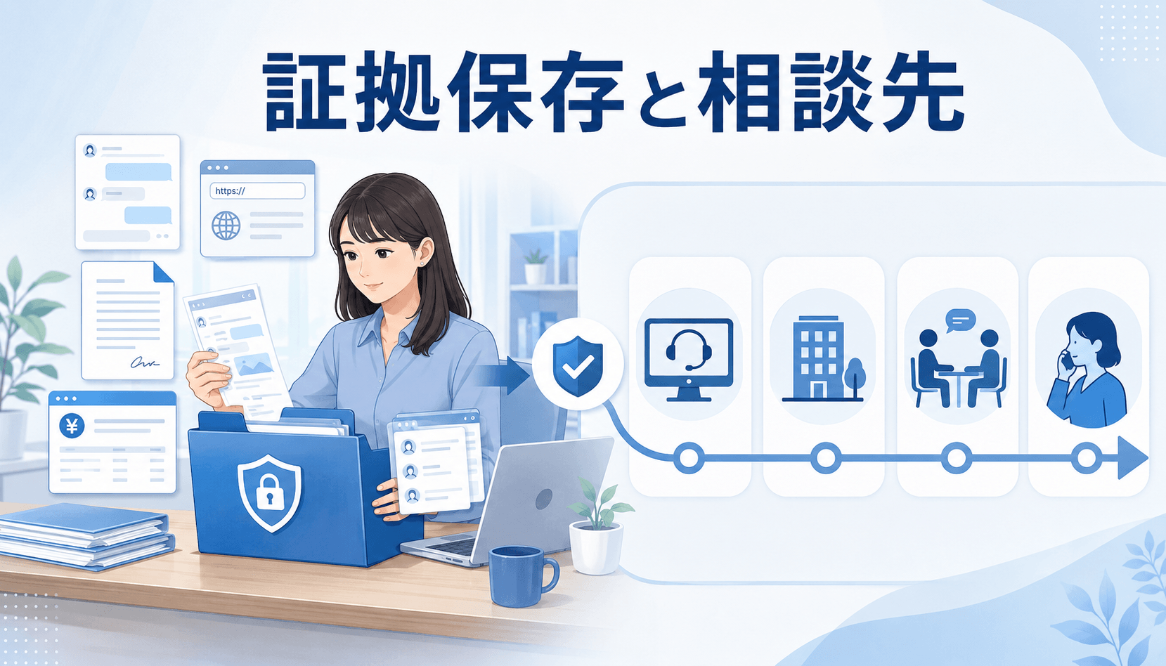 トラブルの証拠を保存して運営会社や相談窓口へ連絡する女性