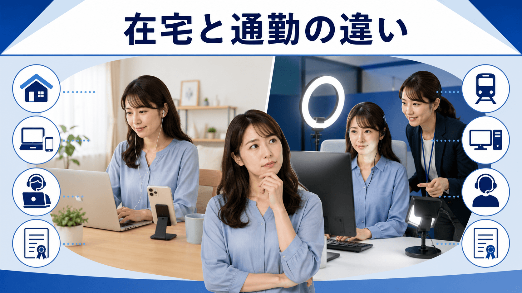 自宅勤務とチャットルームへの通勤を比較する女性