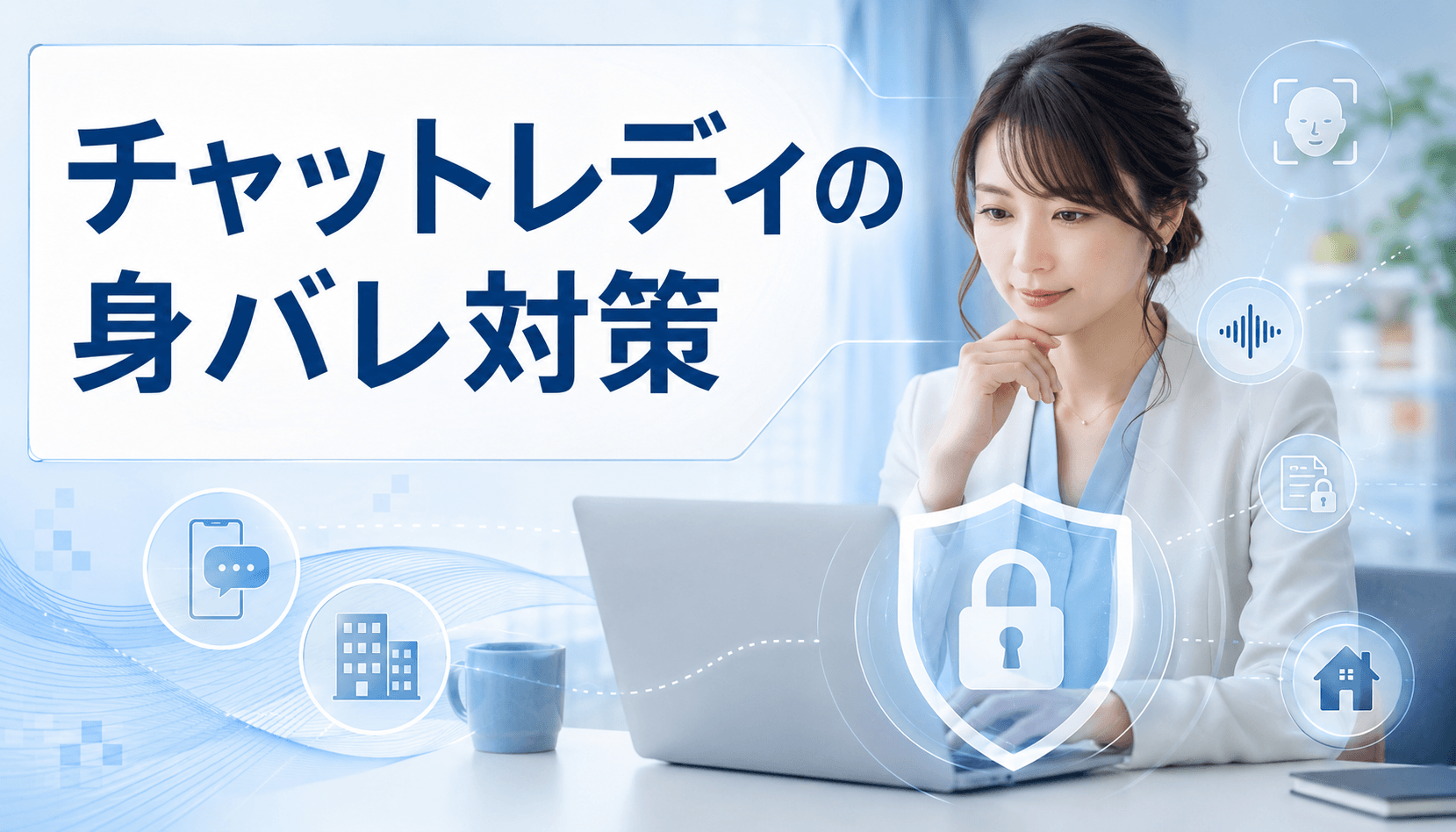 パソコンで身バレ対策を確認する女性と顔・声・SNS・自宅を示すアイコン