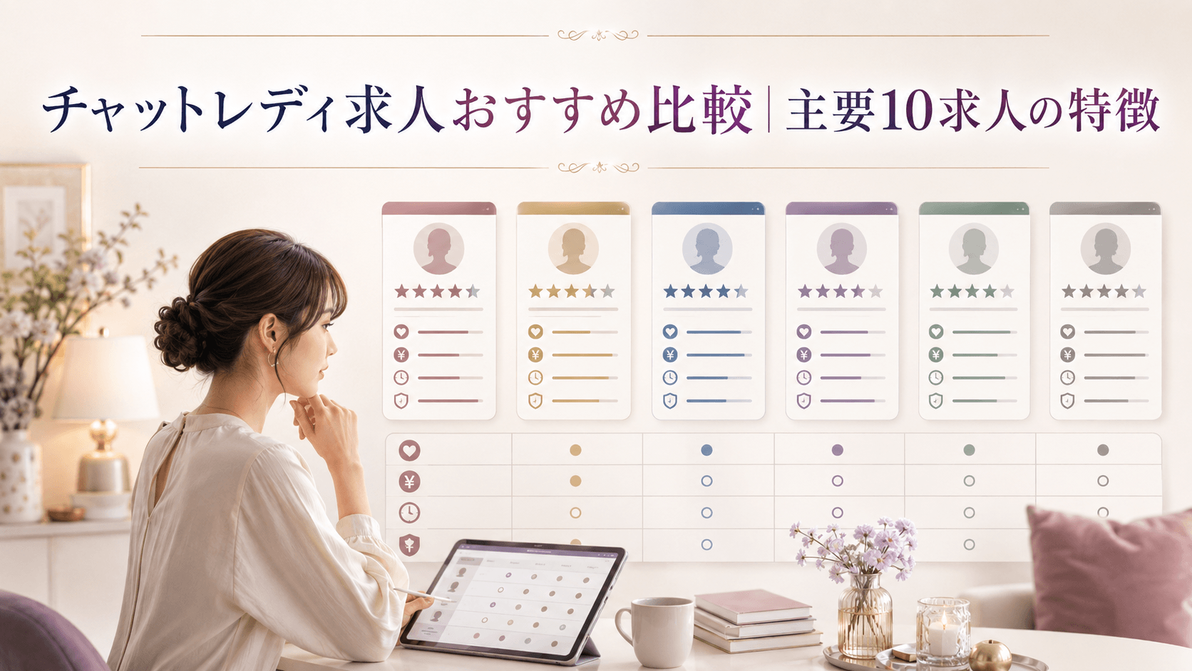 主要なチャットレディ求人10サービスの特徴を比較するイメージ