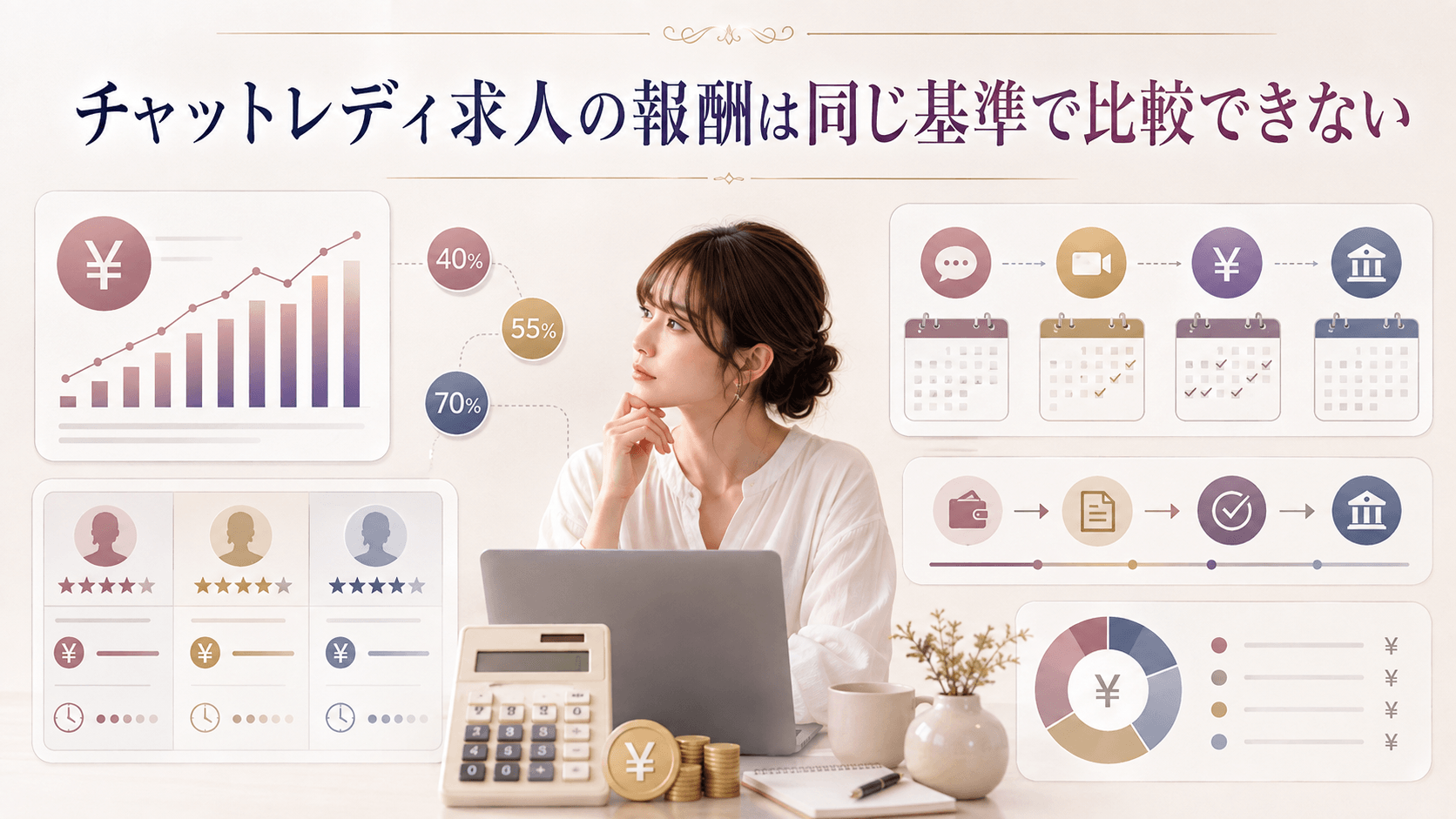 チャットレディ求人の報酬率や精算条件などを比較するイメージ