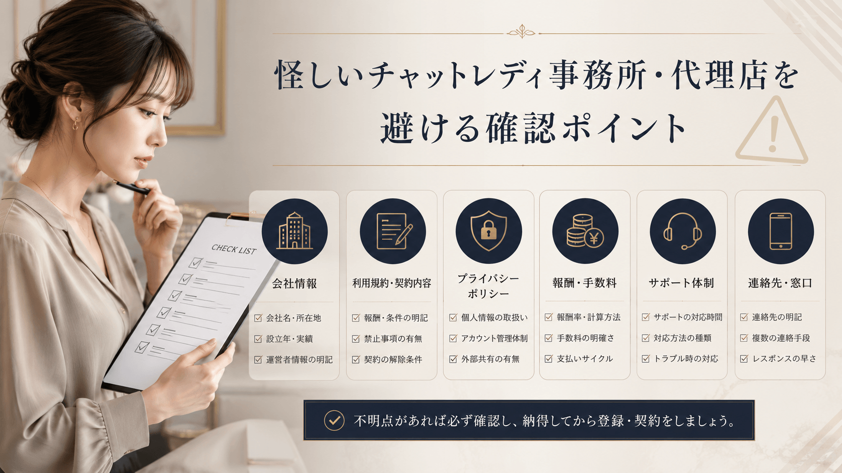 怪しいチャットレディ事務所・代理店を避けるための確認ポイント