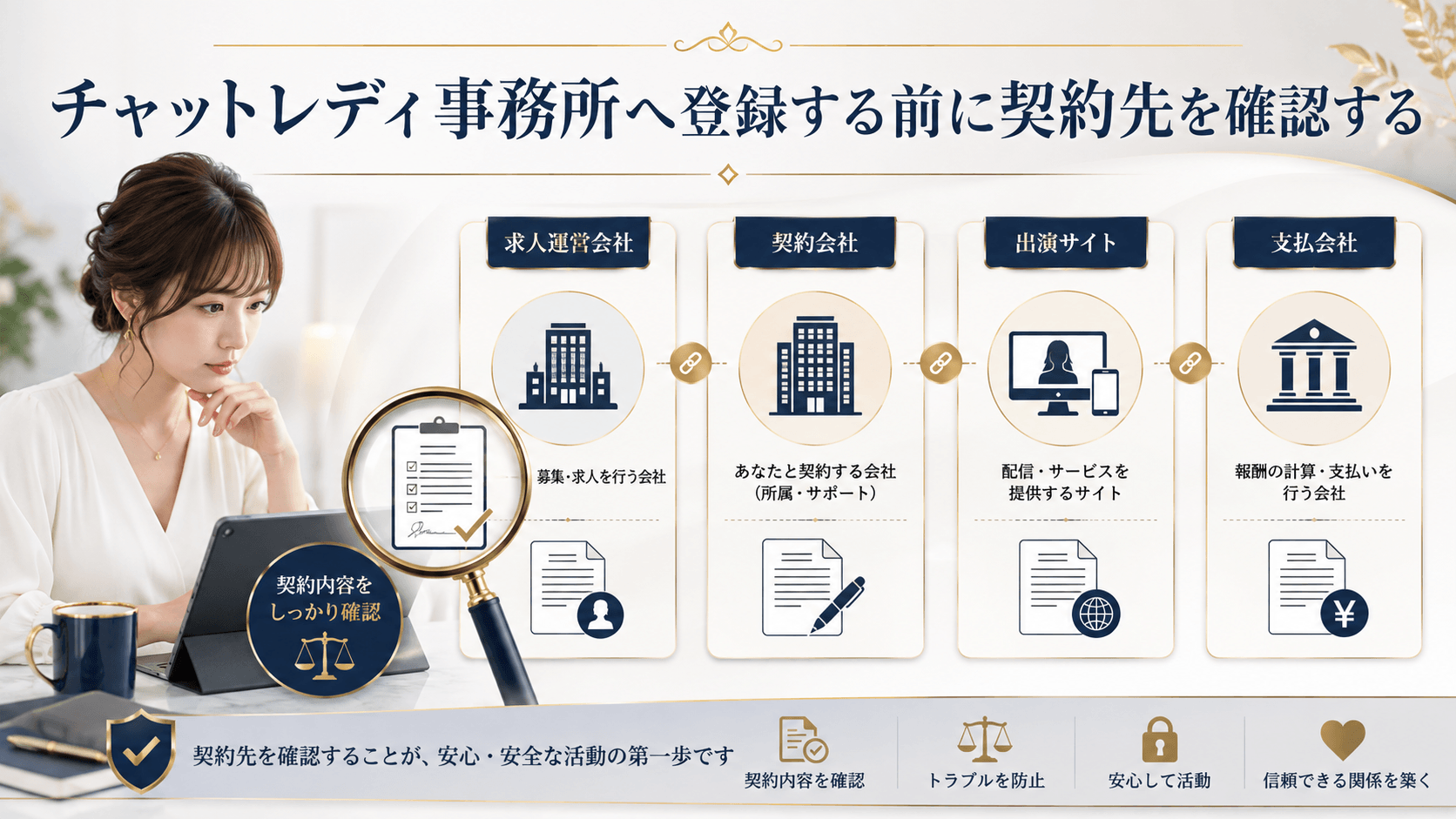 チャットレディ事務所へ登録する前に求人会社・契約会社・出演先を確認するポイント