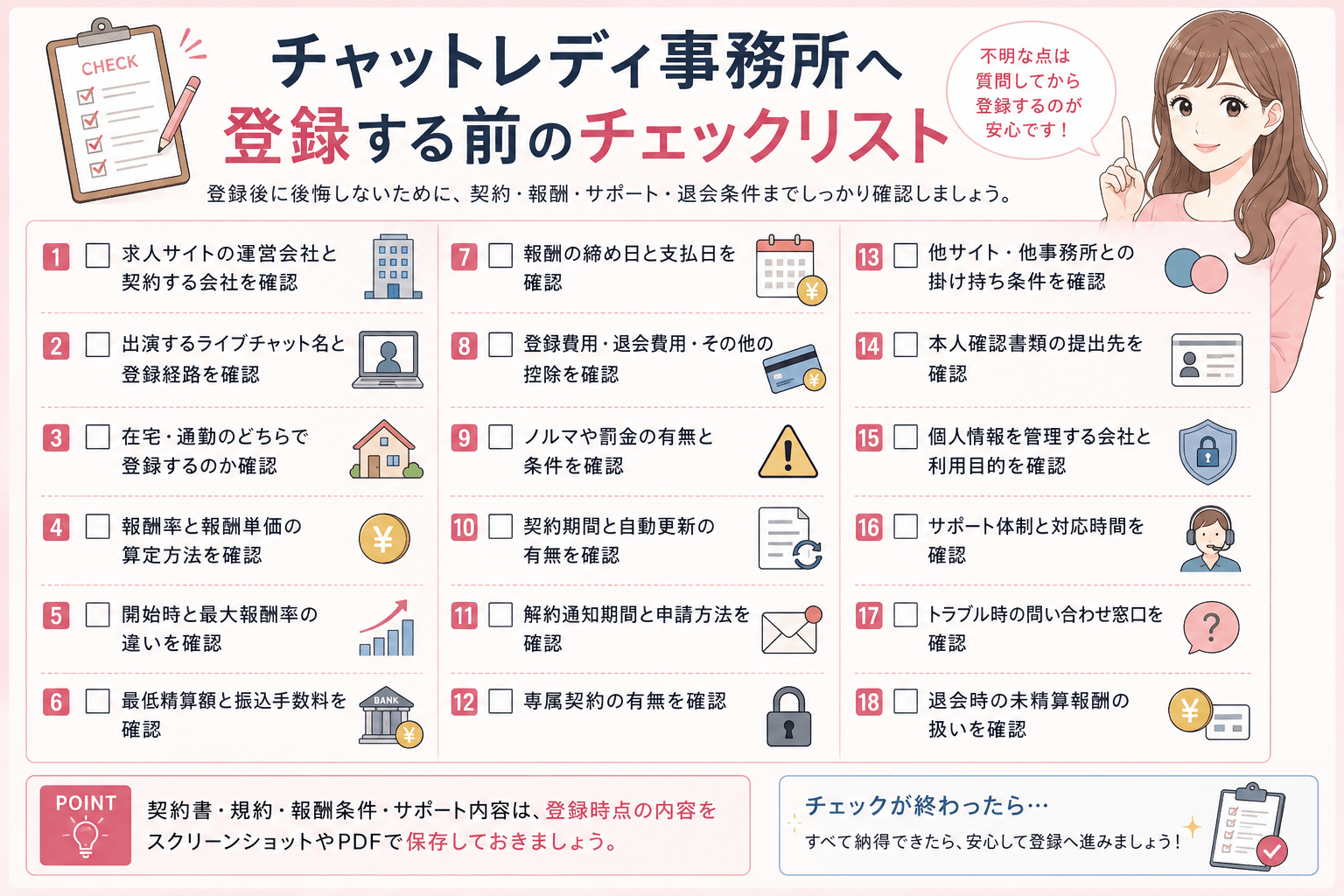 チャットレディ事務所へ登録する前に確認したい契約・報酬・サポートのチェックリスト