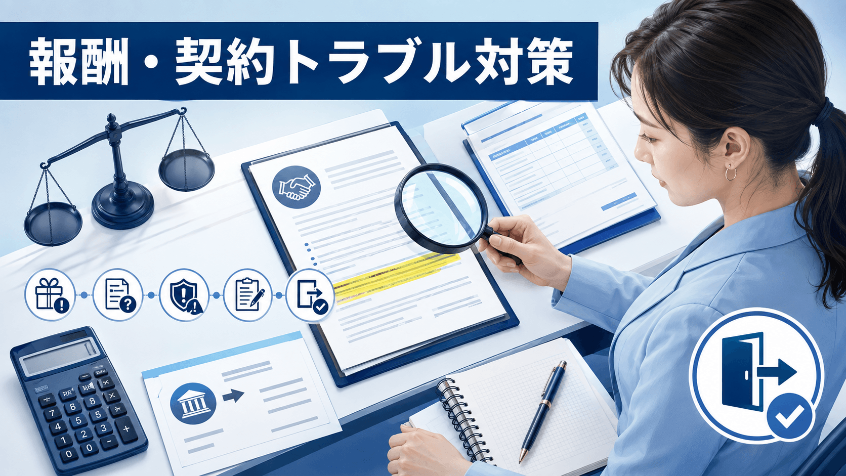 報酬未払いと不明な控除、違約金などの契約トラブルを確認する女性