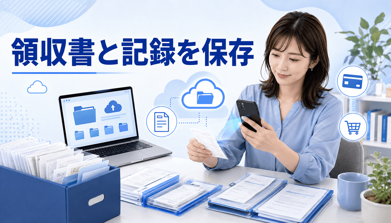 領収書をスマートフォンで記録して紙とデータを保存する女性