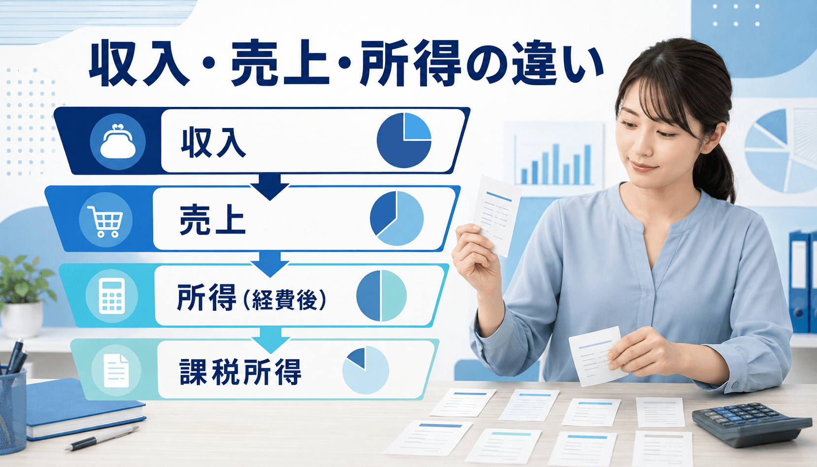 収入・売上・所得・課税所得の違いを整理する女性