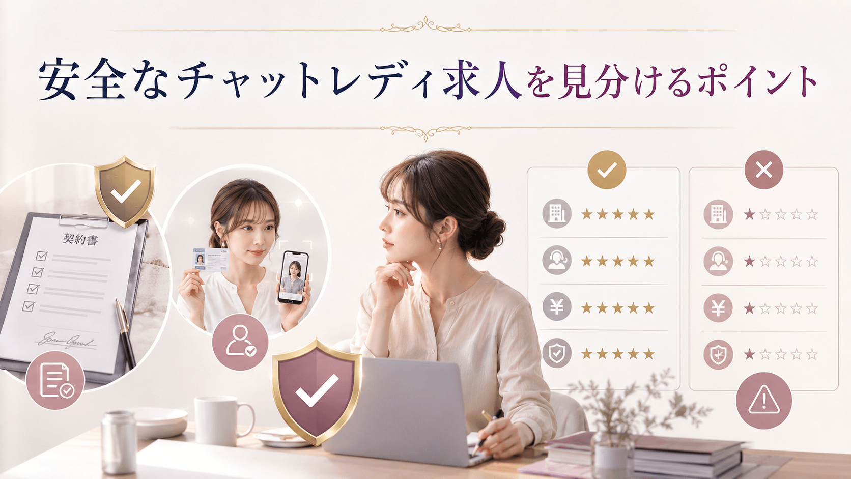 契約内容や運営情報から安全なチャットレディ求人を見分けるイメージ