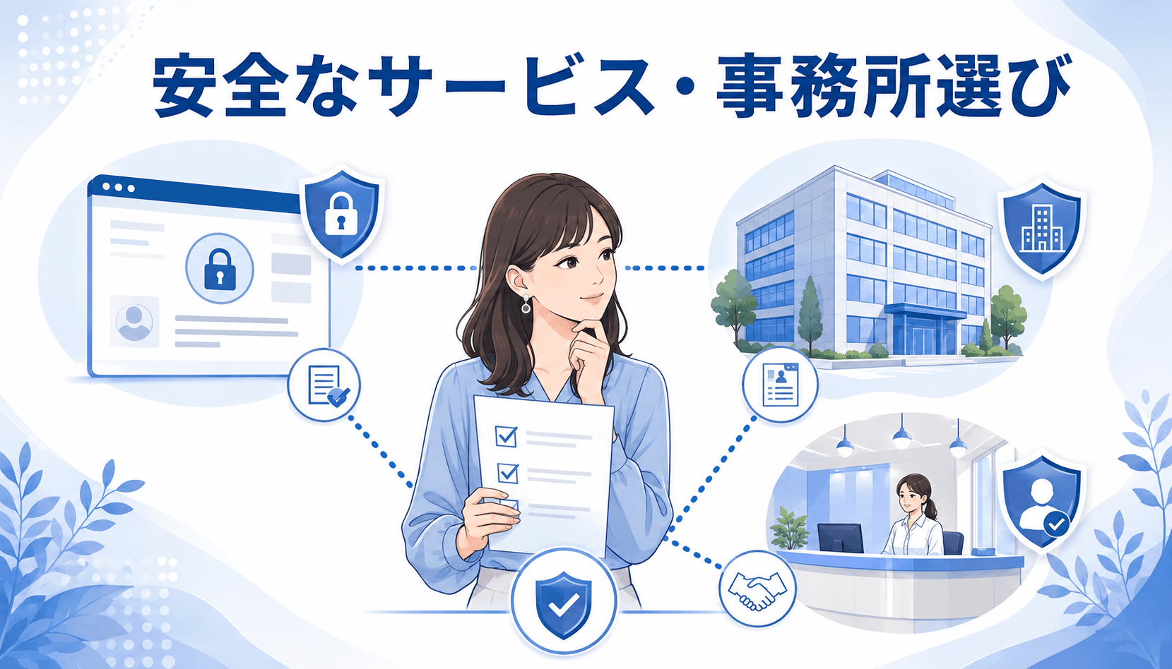 安全性を確認しながらサービスや代理店、店舗を選ぶ女性