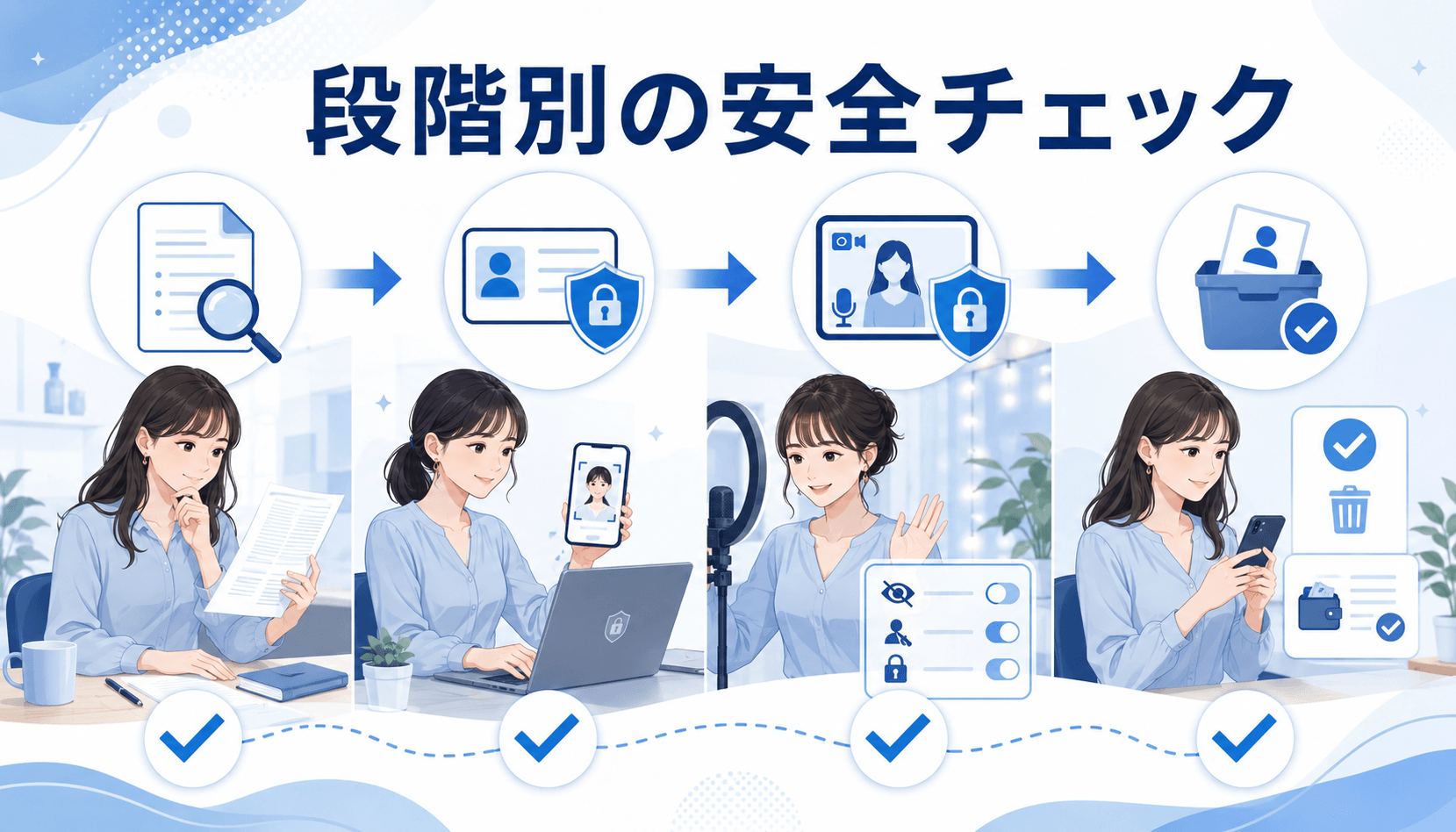 契約前から退会時まで段階別に安全対策を確認する女性