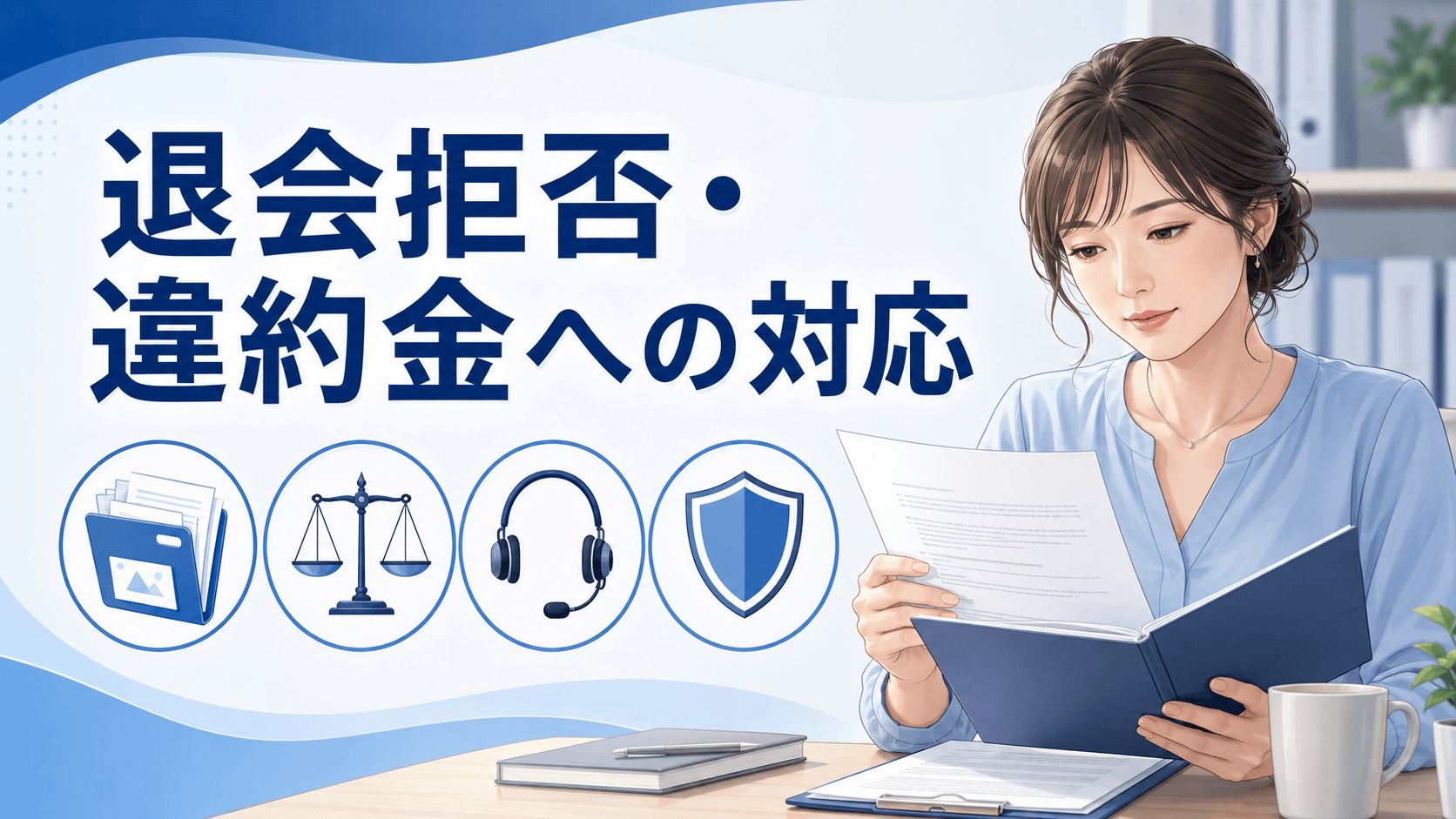 退会拒否や違約金について契約書と相談先を確認する女性