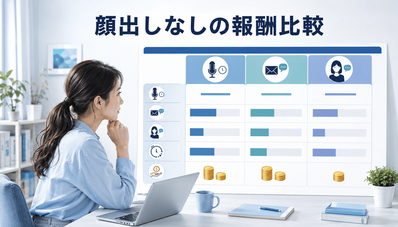 音声・メール・アバターによる顔出しなしの報酬を比較する女性