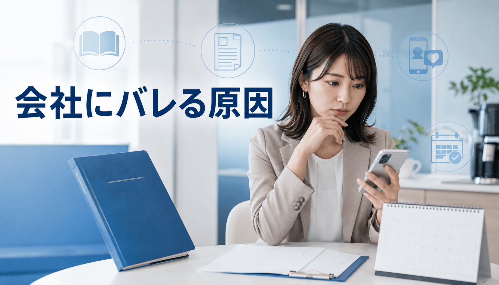 就業規則や書類とスマートフォンを確認する会社員女性