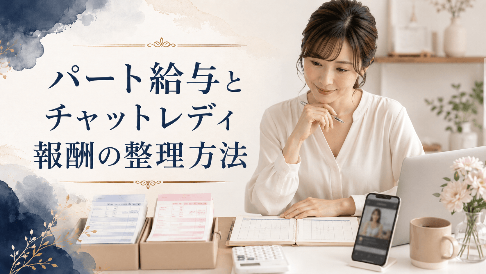 パート給与とチャットレディ報酬を帳簿や電卓で整理する主婦のイメージ