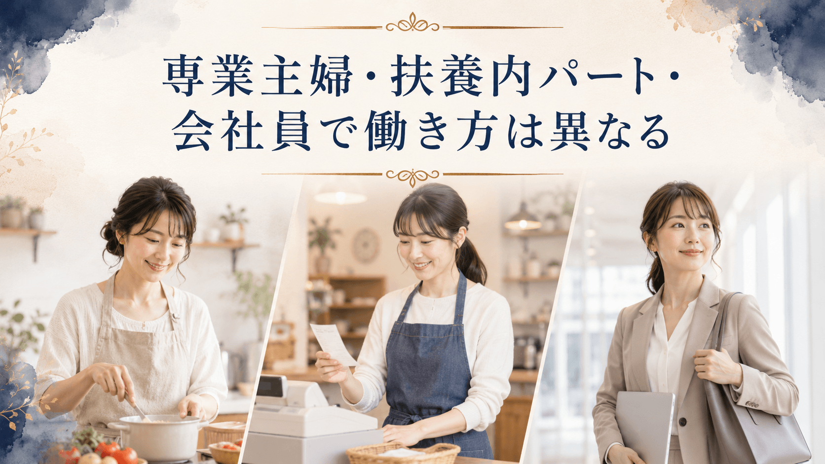 専業主婦・扶養内パート・会社員で異なる働き方を比較したイメージ