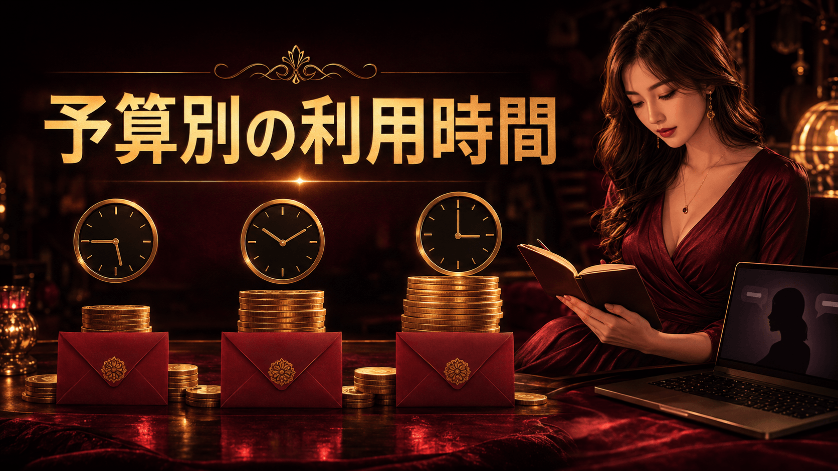 チャットピアの予算別利用時間を金額別のコインと時計で表したイメージ