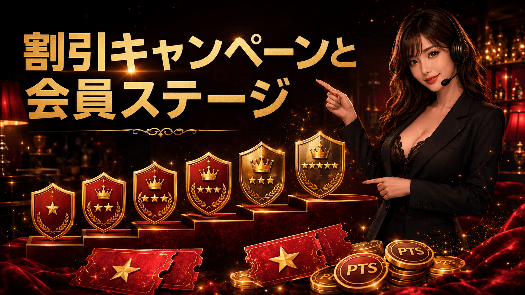 チャットピアの割引キャンペーンと会員ステージを段階別のバッジで表したイメージ