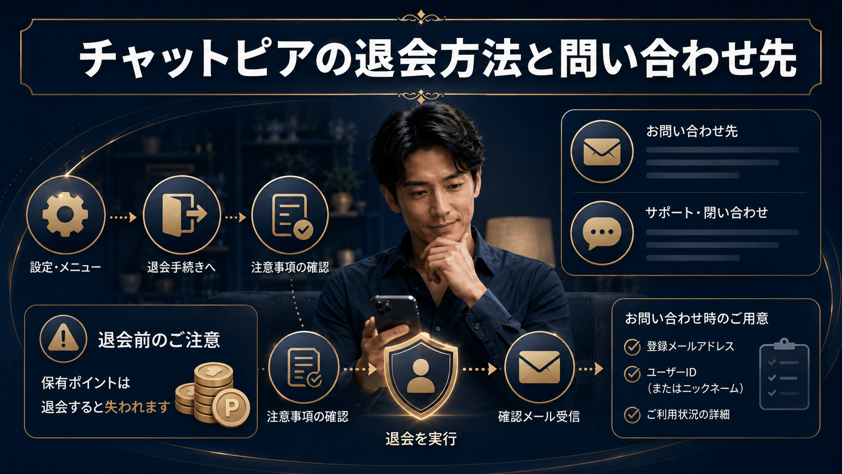 チャットピアの退会手順と問い合わせ方法をスマートフォンで確認する男性