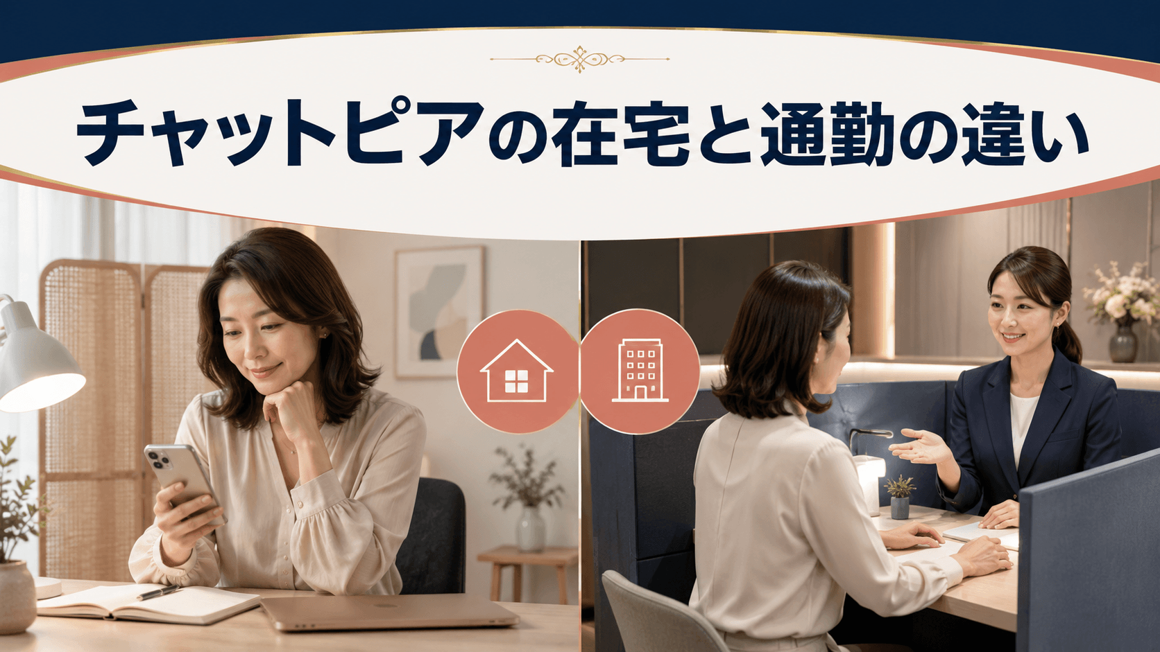 チャットピアの在宅と通勤の働き方を比較する女性