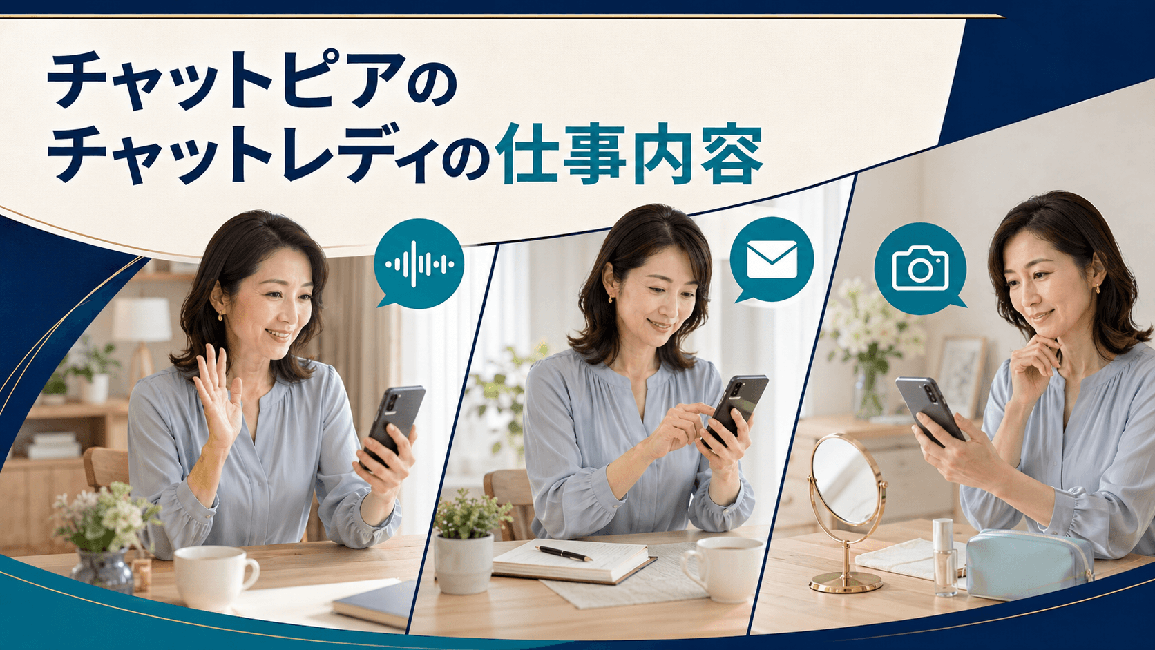 スマートフォンで男性会員と映像チャットをするチャットレディの仕事
