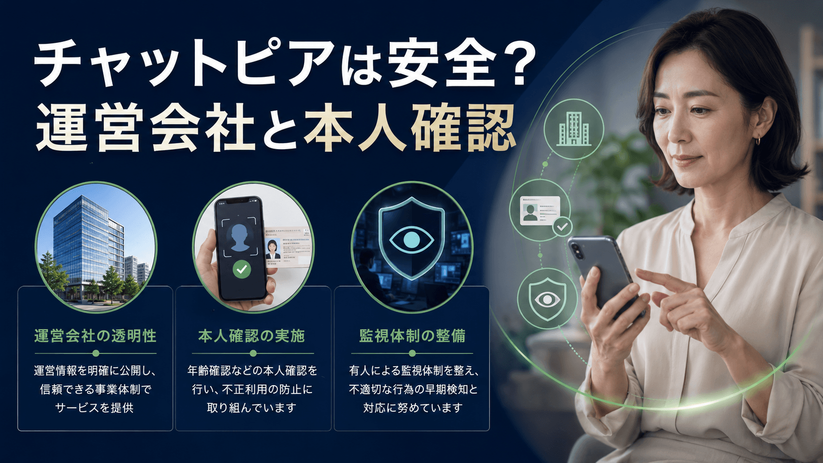 チャットピアの運営会社・本人確認・モニタリング体制を示すイメージ