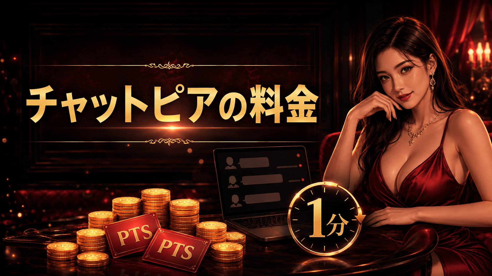 チャットピアの料金を女性、ポイント、1分時計、チャット画面で表したイメージ