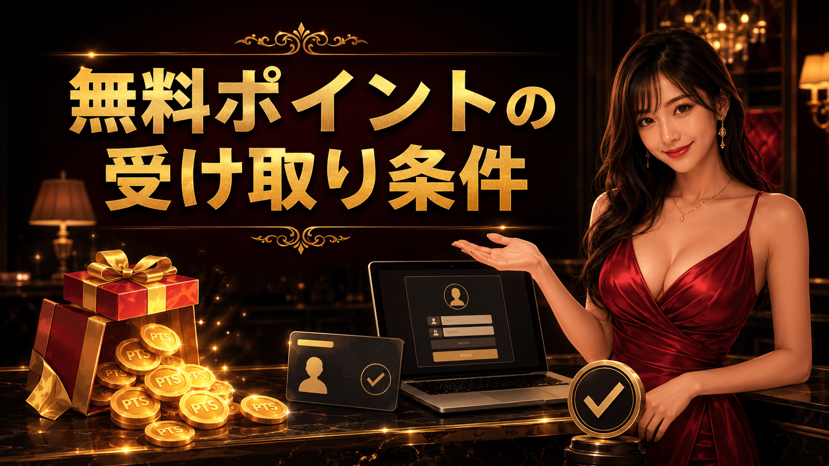 チャットピアの無料ポイント受け取り条件を会員登録、カード認証、プレゼントで表したイメージ