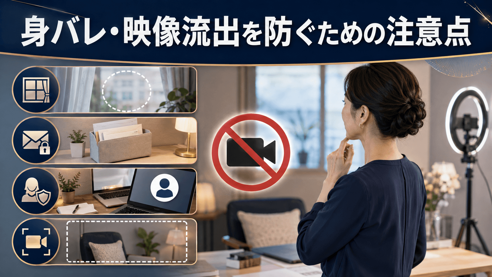 背景や個人情報を隠して身バレと映像流出を防ぐ女性