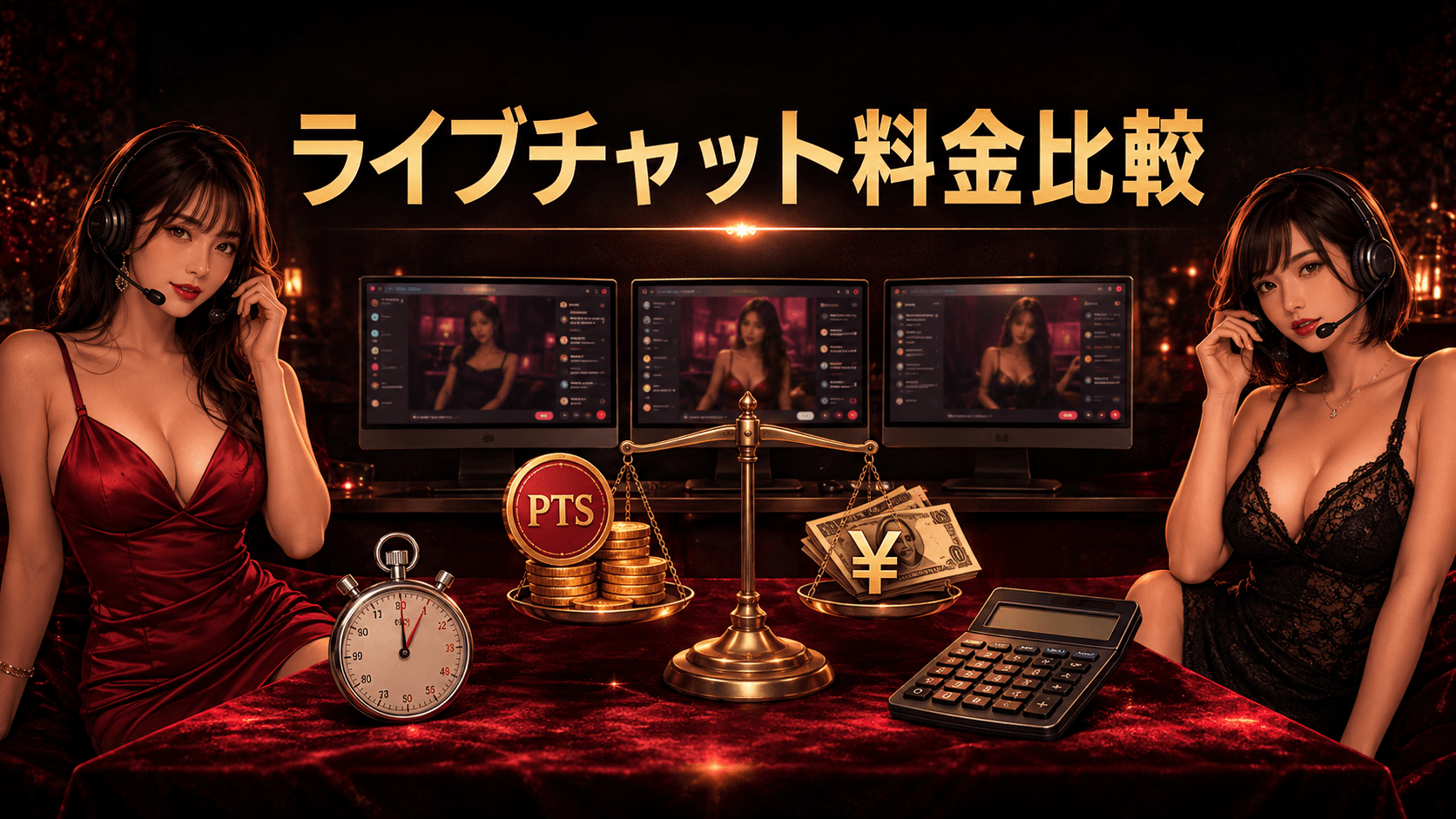 ライブチャットの料金をポイント、円、時計、複数のチャット画面で比較するイメージ