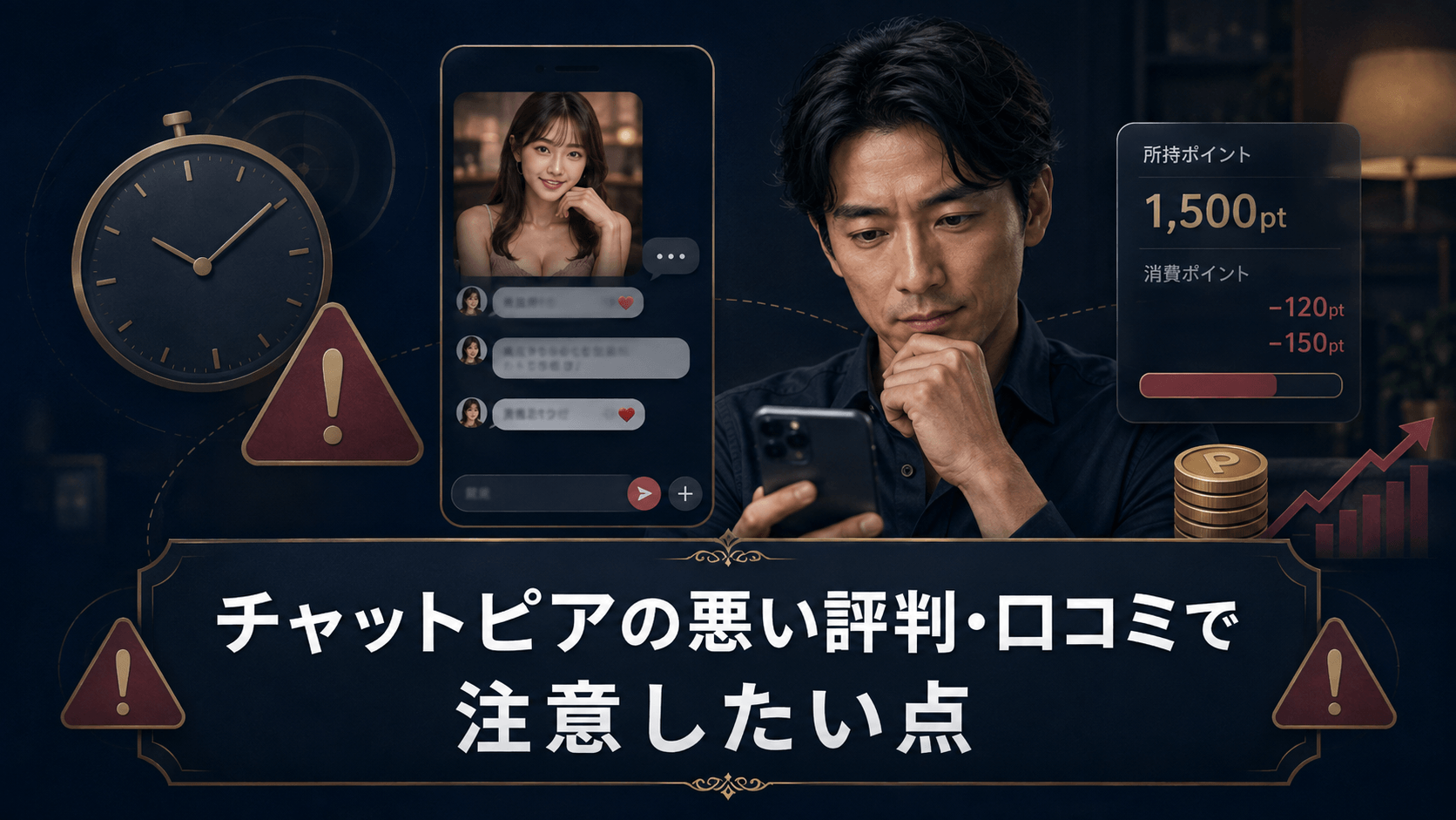 チャットピアのポイント消費や利用時間などの注意点を確認する男性