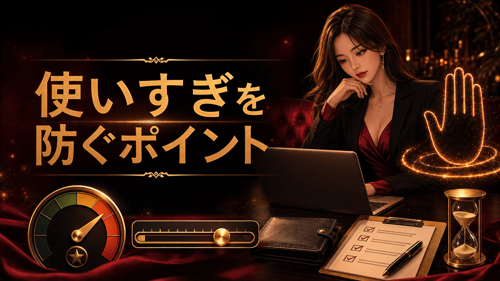 チャットピアの使いすぎ防止策を残高ゲージ、利用上限、財布、チェック表で表したイメージ