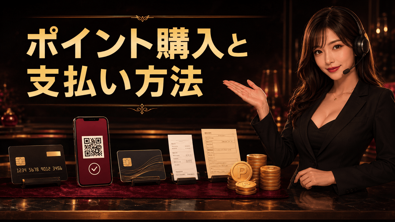 チャットピアのポイント購入と支払い方法をカード、スマートフォン、ポイントで表したイメージ