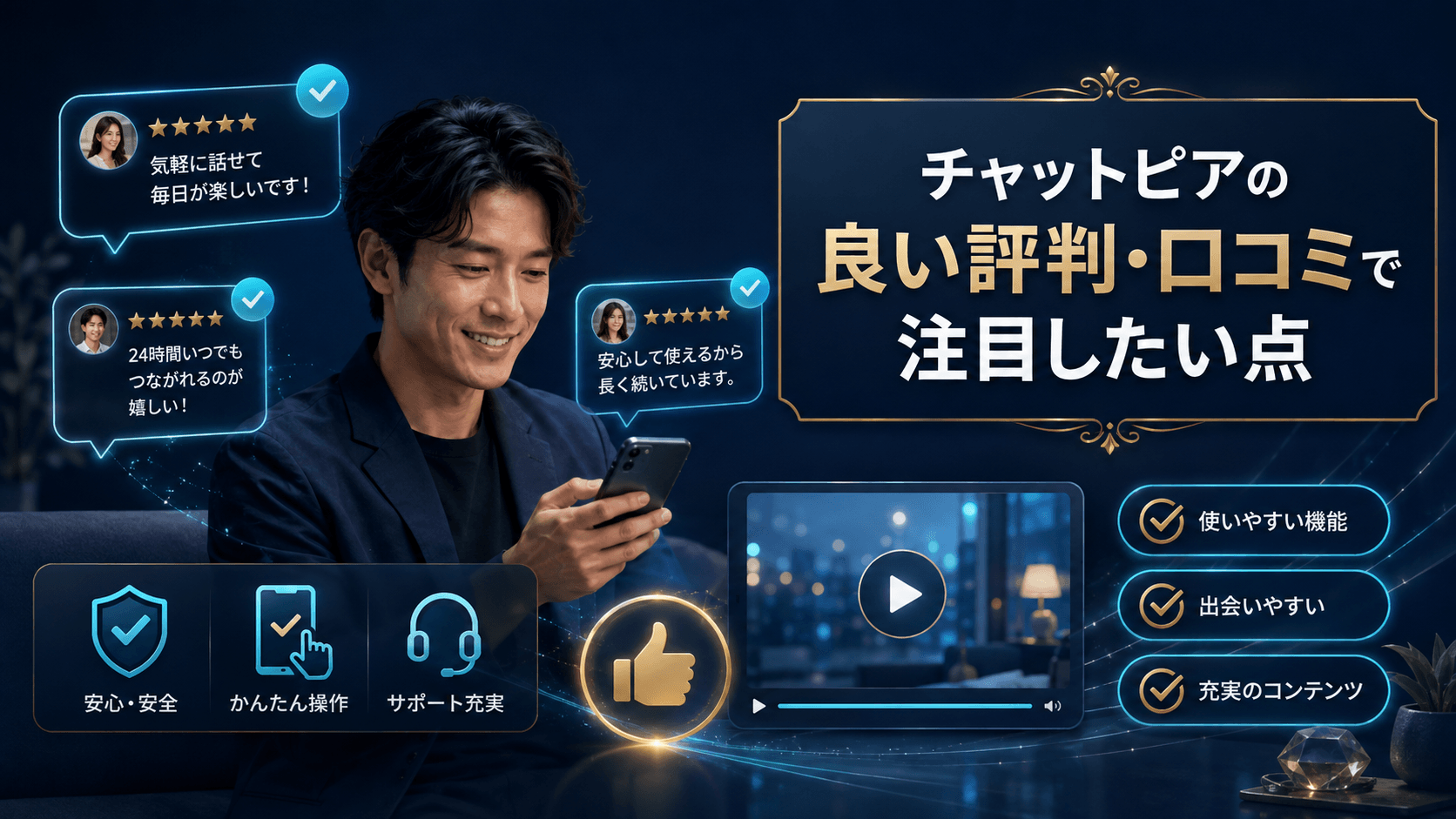 チャットピアの良い評判や使いやすい機能を確認する男性