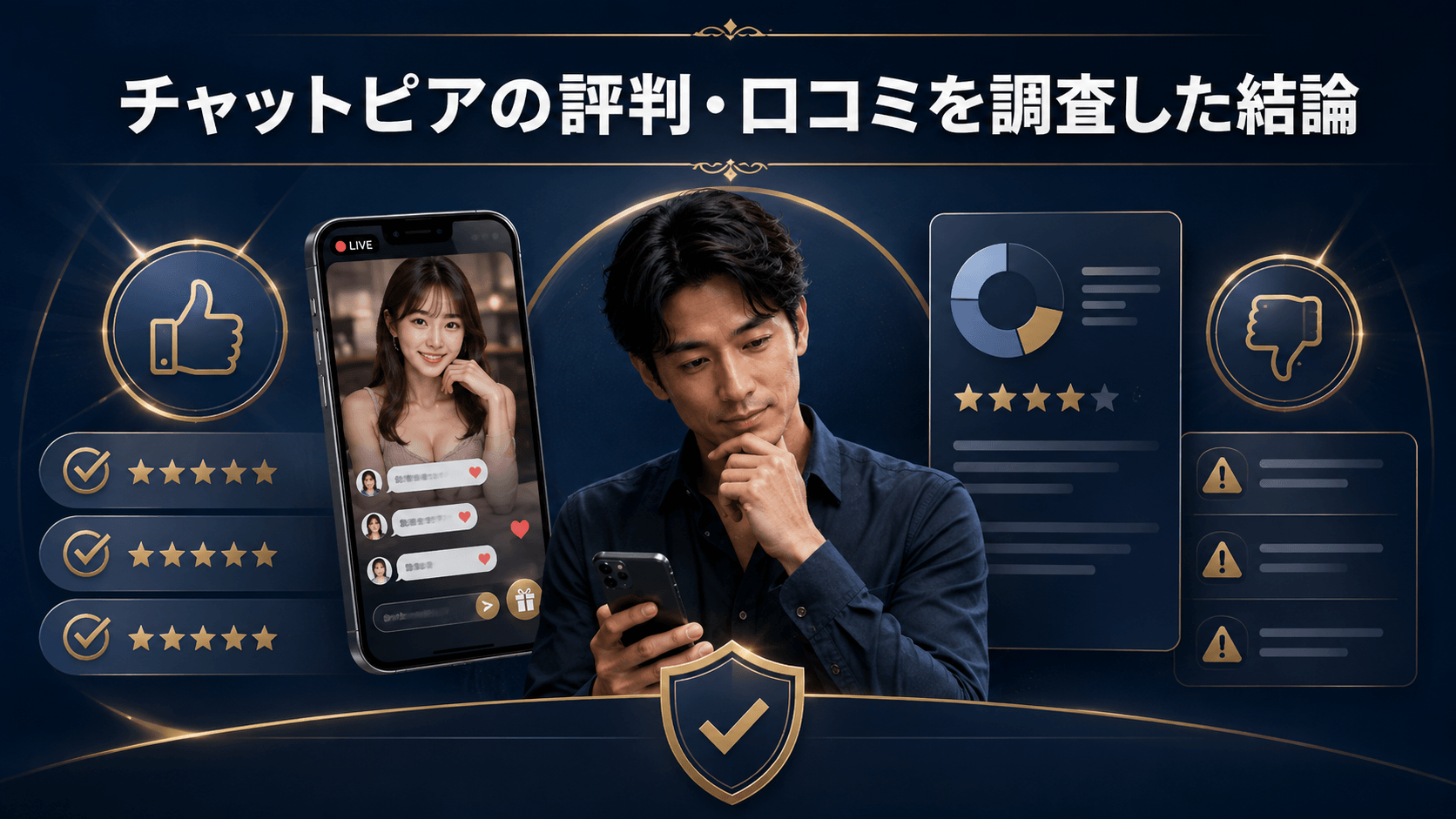 チャットピアの良い評判と注意点をスマートフォンで比較する男性