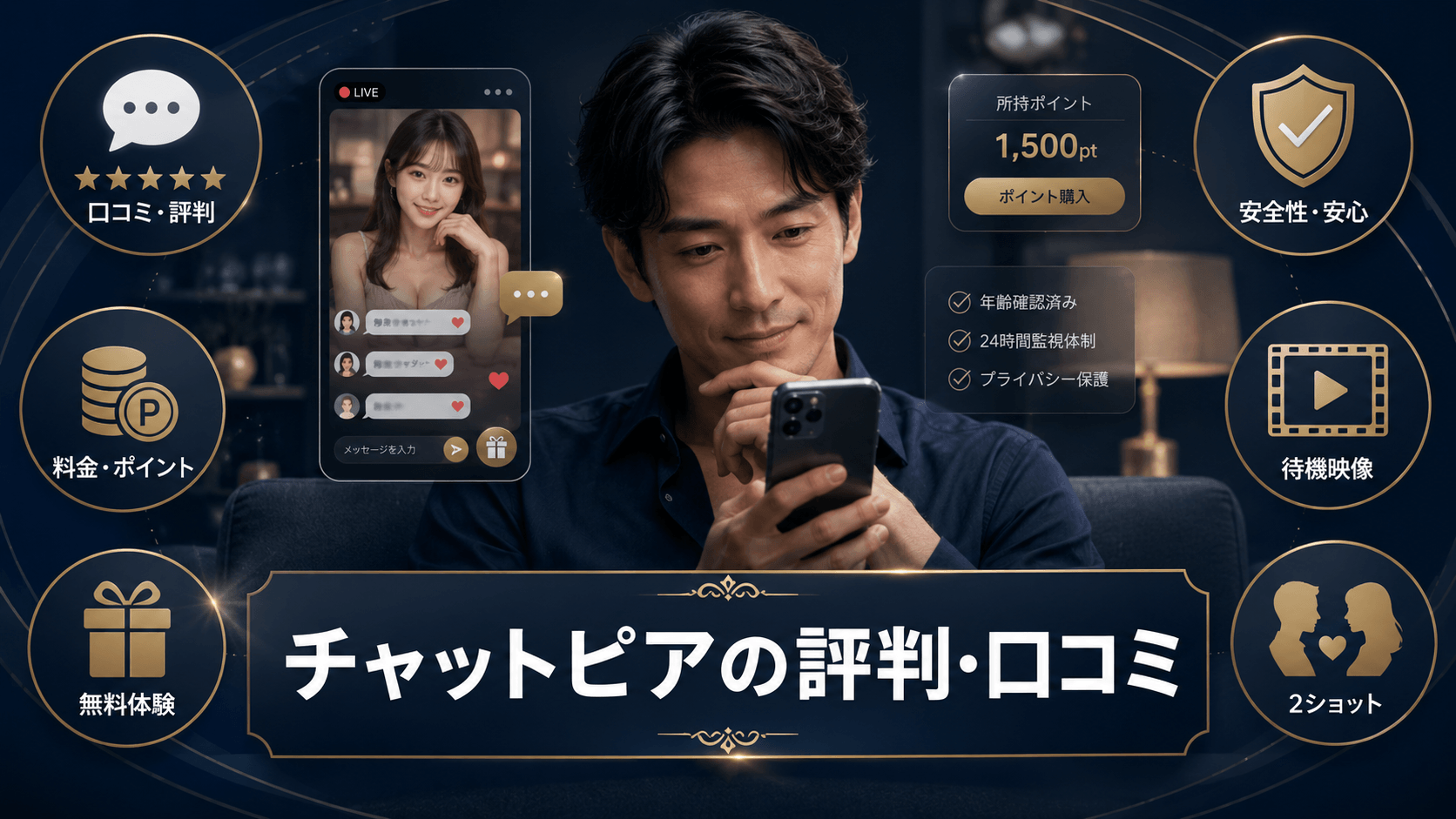 チャットピアの評判や口コミ、料金、安全性をスマートフォンで確認する男性