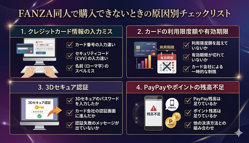 FANZA同人で購入できないときの原因別チェックリスト
