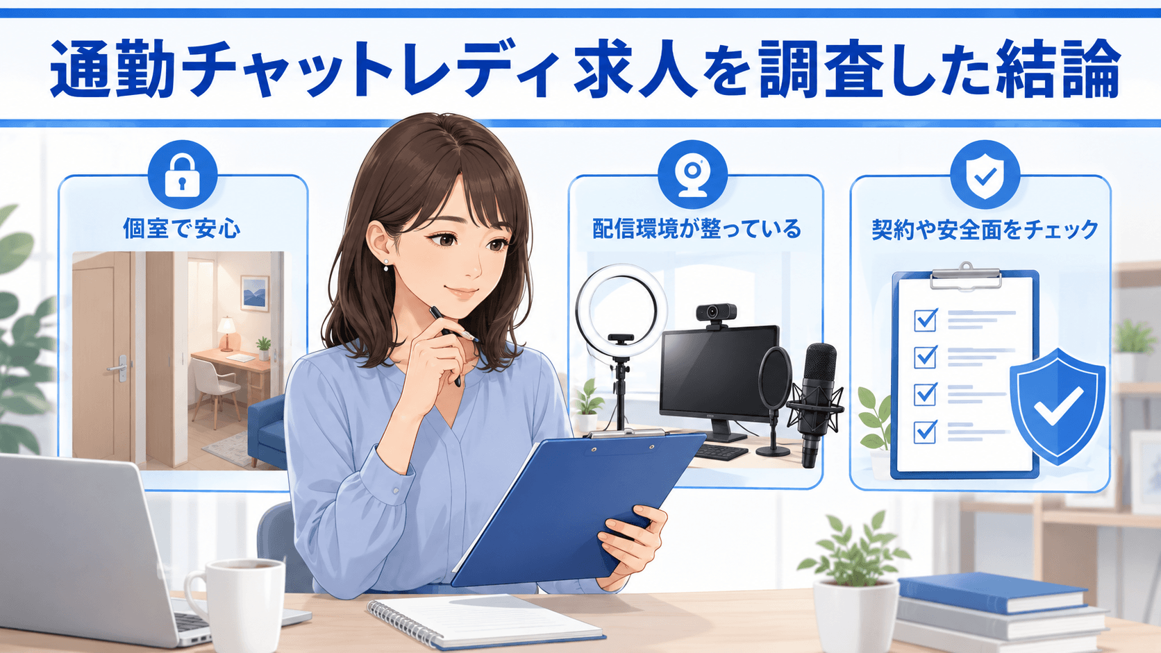 通勤チャットレディ求人の個室・配信環境・安全性を確認する女性