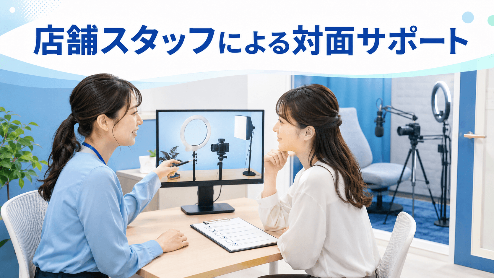 店舗スタッフから配信機材や働き方の対面サポートを受ける女性