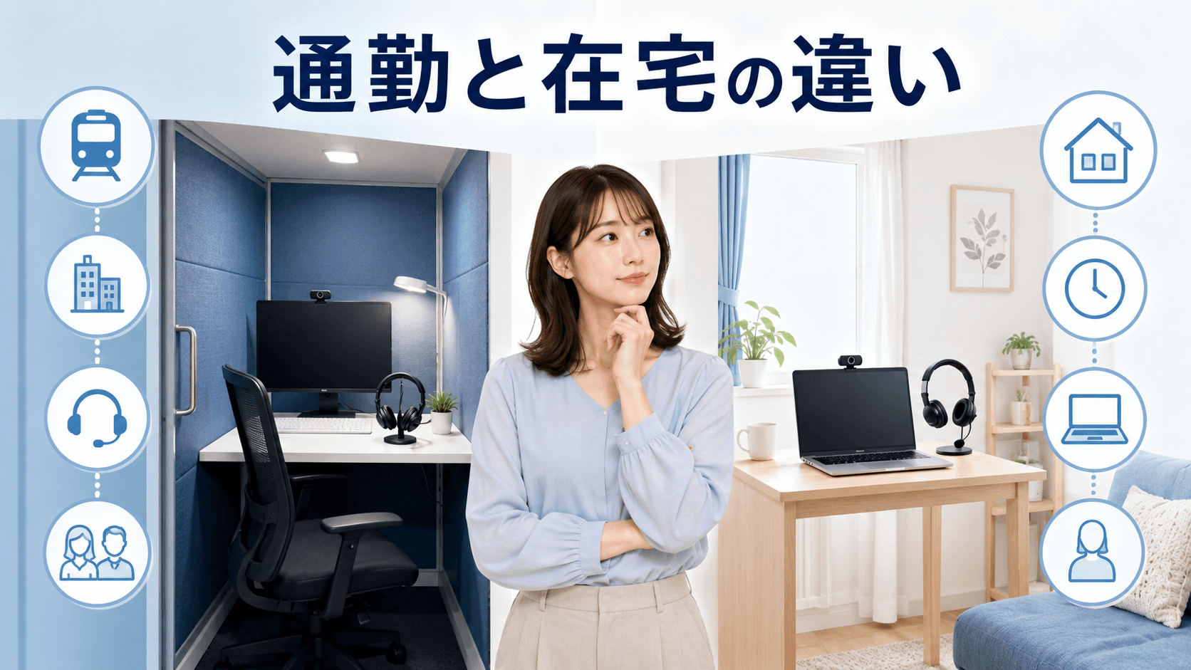 通勤店舗の個室と在宅の配信環境を比較する女性