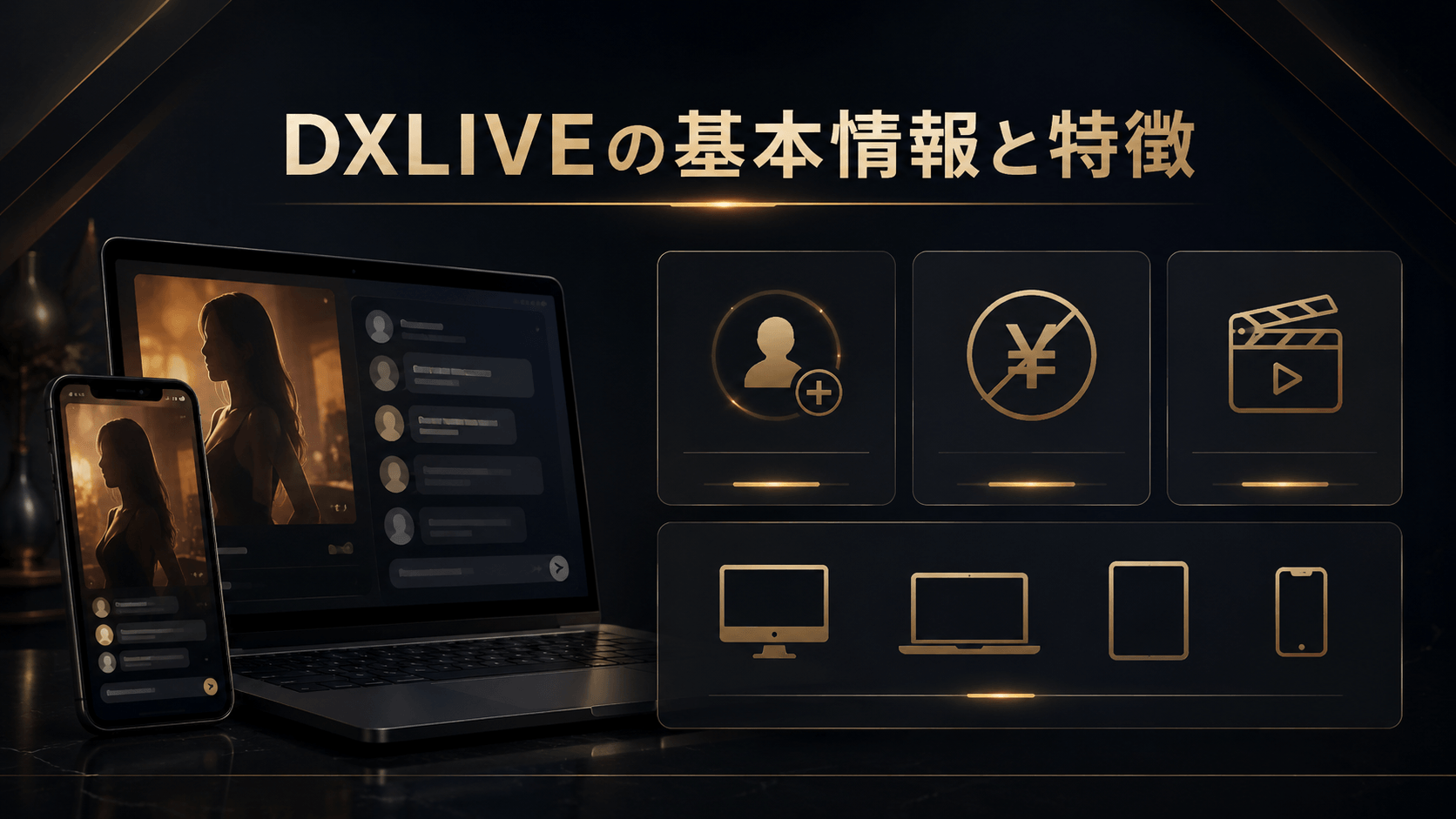 DXLIVEの基本情報と対応端末や料金方式などの特徴を表したイメージ