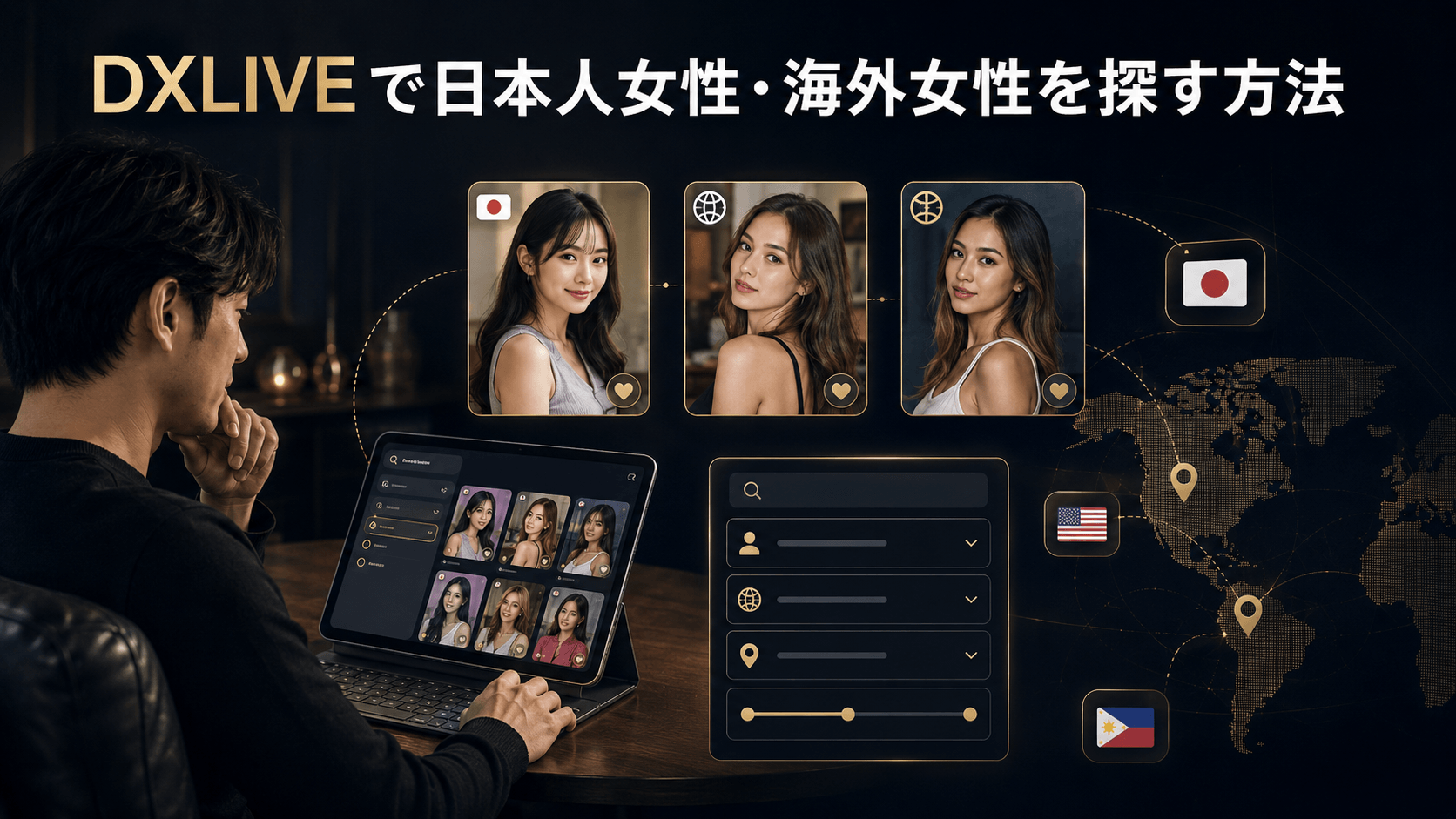 DXLIVEで日本人女性や海外女性を検索条件から探すイメージ